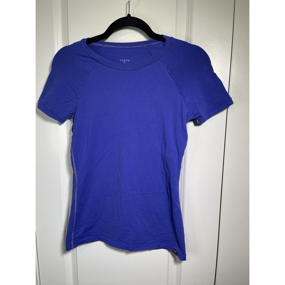 Zobha Womens Short Sleeve Purple Shirt Size XS w Built in Bra and Zipper Pocket